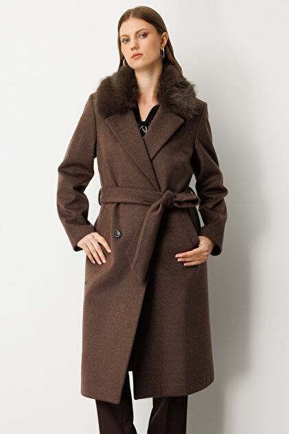 Sheepskin Collar Waist Belted Coat