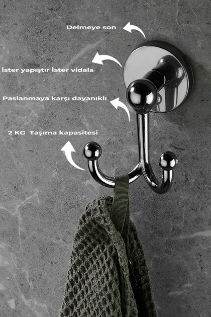 Krom Yapışkanlı Bornoz & Havlu Askılığı – 2 Kancalı (Çatallı) Metal Askı, Şık & Dayanıklı Tasarım -