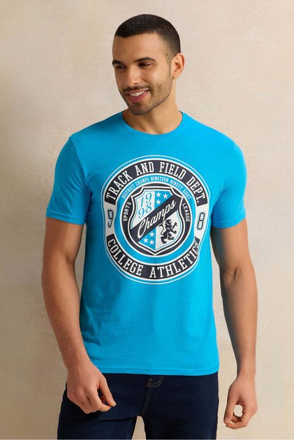 Men Blue Placement Print T-Shirt