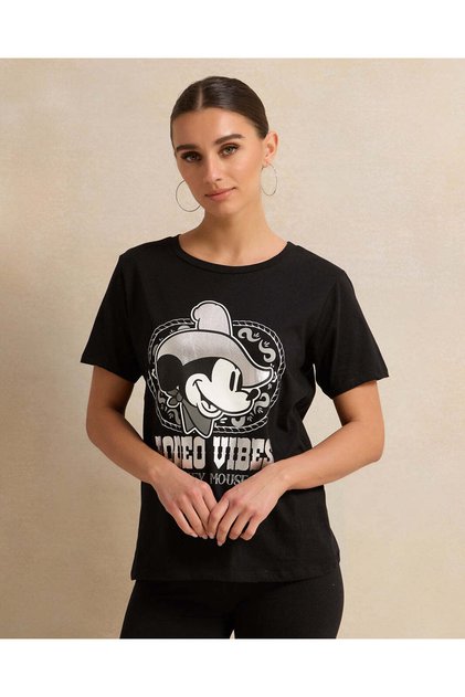 Women Black Mickey Mouse Printed T-Shirt