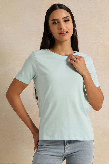 Women Blue Basic Crew Neck T-Shirt