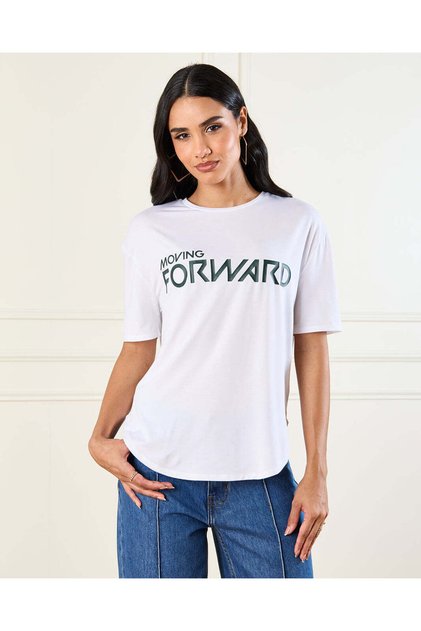 Women Ivory Oversized Placement Print T-Shirt