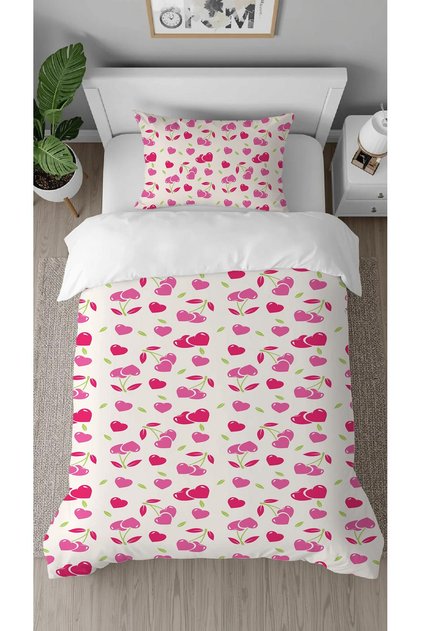 Cherry Cherry Heart Love Fruit Pink Patterned Printed Specially Designed Single Duvet Cover Set Without Sheets