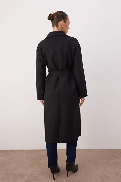 Trendyolmilla Siyah Cep Detaylı Kuşaklı Uzun Oversize Kaşe Kaban