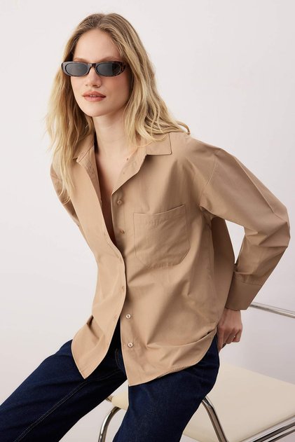 Mink Single Pocket Boyfriend/Wide Fit Bavlněná tkaná košile TWOAW20GO0115
