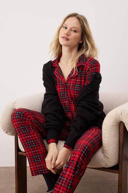 Red Plaid Soft Feel Brushed Fabric Sleep Banded Knitted Pajama Set Thmaw24Pt00100