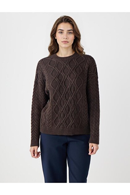 Jimmy Key Acı Kahve Uzun Kollu Bisiklet Yaka Desenli Triko Kazak