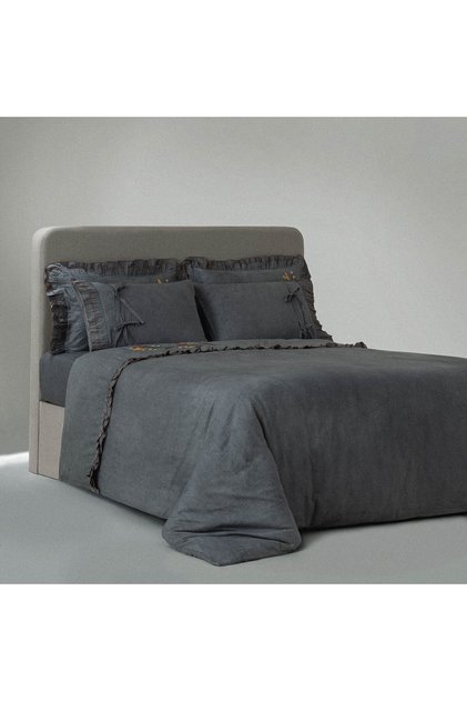 Farah King Size Duvet Cover Set 100% Organic Cotton Satin Piece Paint Hand Embroidered Anthracite 240x220 Cm