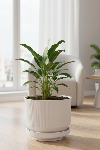 9 Litre Gri Dekoratif Lüks Saksı Iç Dış Mekan Tabaklı Plastik Çiçek Saksısı