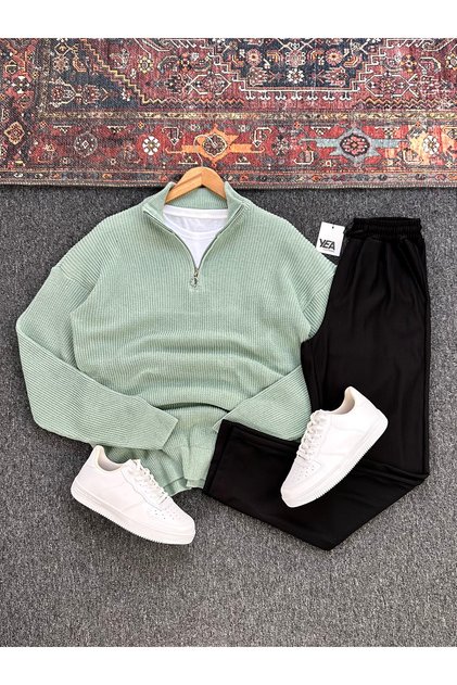 Selanik Knit Stand Collar Half-Zip Sweater and Ottoman Fabric Trousers 2-Piece Set