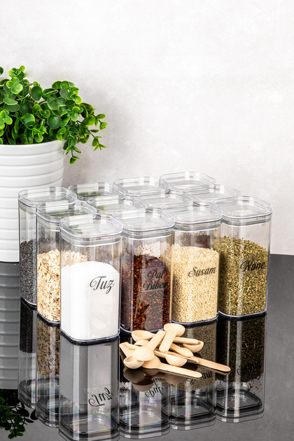 12-Piece Vacuum Spice Jar Set with Spoon Spice Jar Storage Container with Transparent Label 300 ml