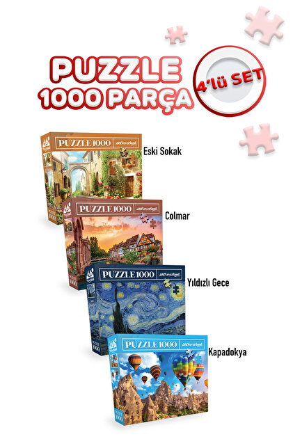 Neverland 4 Adet 1000 Parça Puzzle - Colmar / Yıldızlı Gece / Eski