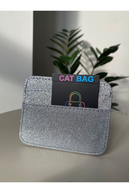 Cat Bag Gray Glitter Card Holder