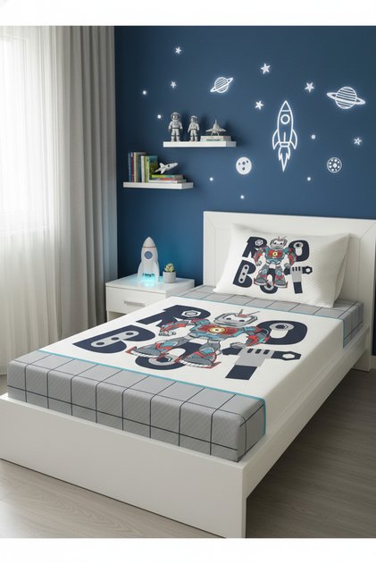 Robot Patterned Baby and Child Printed Single Pique Set 160 X 230 cm