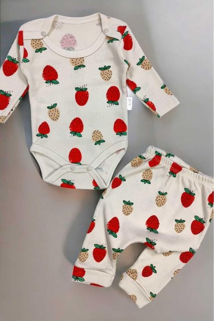 Strawberry Report Printed Ribbed Baby Girl Set with Snap Fasteners 100% Cotton 2-Piece Bottom Top 0-3-6-9Months