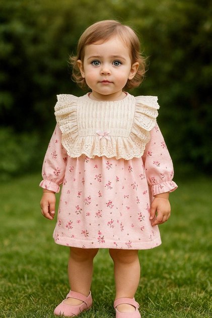 Baby Girl Lace Collar Detailed Vintage Floral Patterned Dress Seasonal Stylish Model 3-6-9-12-18-24Months