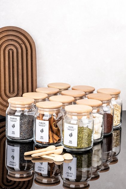 12-Piece Glass Spice Jar Set with Bamboo Lids, 12 Spice Jars with Spice Labels and Spoons, 300ml