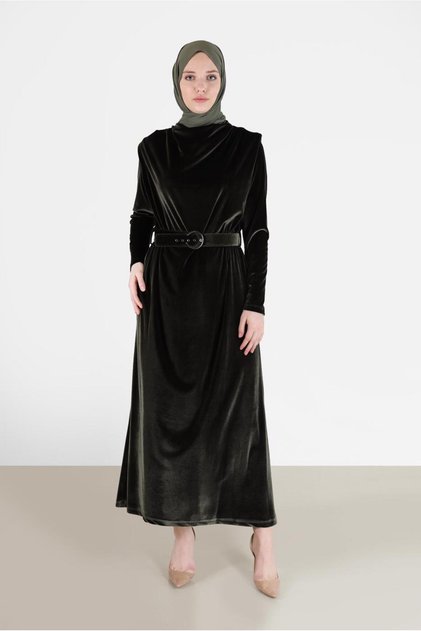 BELİ KUŞAKLI KADİFE ELBİSE 42416