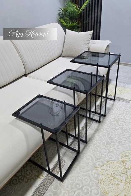 3'lü SİYAH Tekerlekli C Sehpa, FÜME CAM, Güvenilir 6 mm Kalın Camlı, Çok Amaçlı Metal Zigon Sehpa