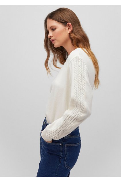 Kadın Bisiklet Yaka Sweatshirt - Beyaz