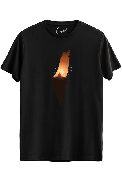 Cotton Lu Standard Cut Zero Collar Short Sleeve Free Palestine Sun Printed Black T-Shirt