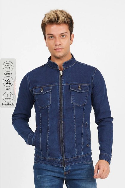 Erkek Koyu Mavi Fermuarlı Slim Fit Kot Ceket