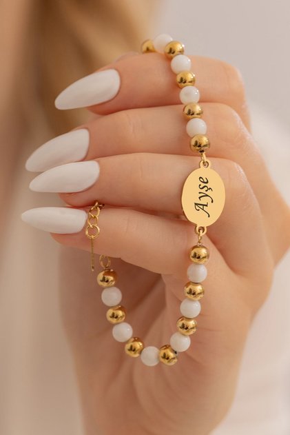 Women's Steel Bracelet - White Quartz Stone Steel Lacquer Coated Name Letter Engravable Women's Bracelet