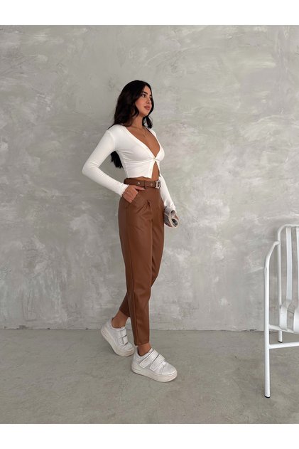 Women's High Waist Masculine Classic Leather Pants with Belt Inside Suede Winter