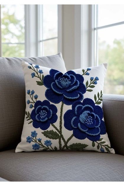 3D Embroidery Looking Navy Blue Floral Patterned Digital Printed Decorative Throw Pillow Case