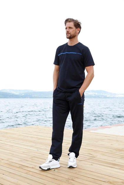 Men's American Pique Fabric Tracksuit, Navy Blue Crew Neck Short Sleeve T-Shirt Tracksuit Bottom-Top Set -