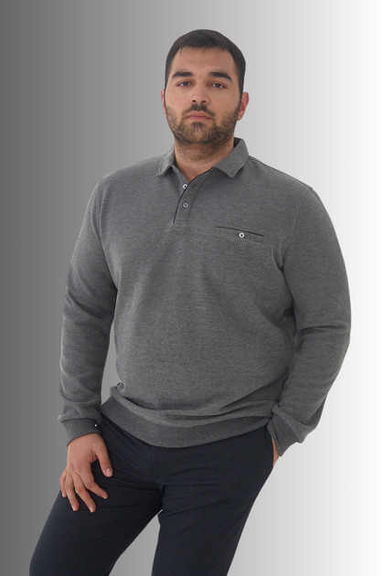 Erkek Cepli Kışlık Geniş Düz Füme Battal Polo Yaka T-shirt