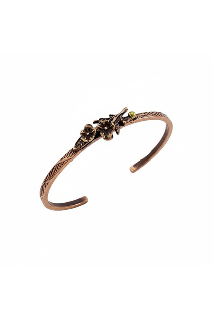 Brass Flower Detailed Tree Bark Copper Bracelet