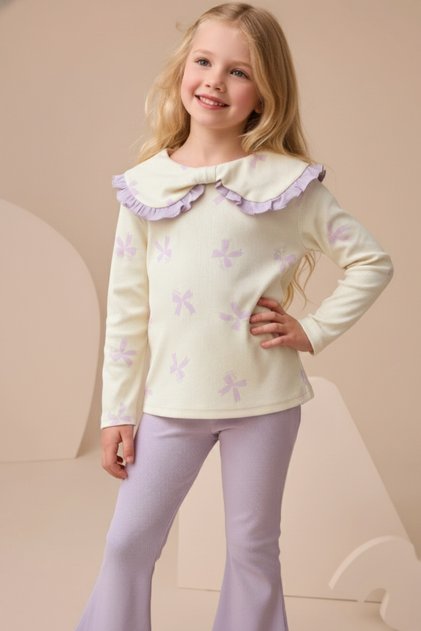 Big Collar Bow Printed Tights Girls' Top and Bottom Set Lilac