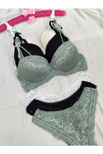 Women's Lace and Bow Detailed Padded Underwire Bra Panty Set 3-Piece Set