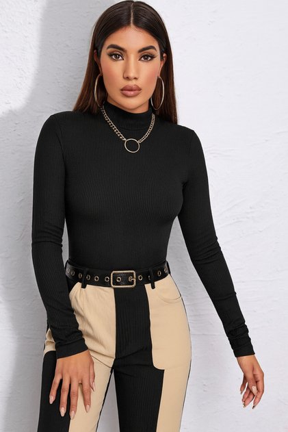 Women's Half Turtleneck Long Sleeve Ribbed Camisole Blouse Body