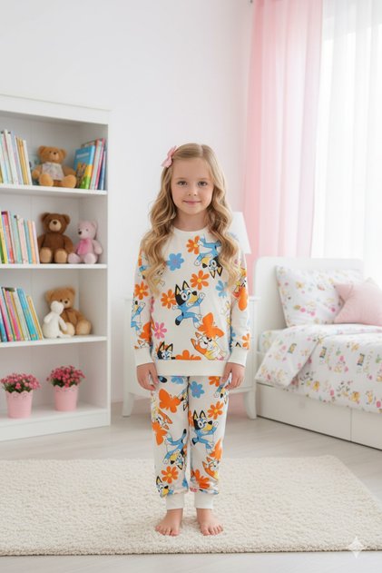 Arya Ni̇sa Ki̇ds Girls' Cotton White Bluey Patterned Long Sleeve Pajama Set