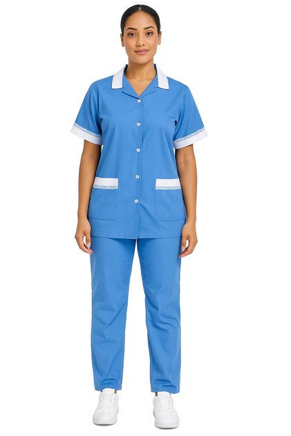 Professional Housekeeping Uniform with Buttons and Contrast Trim
