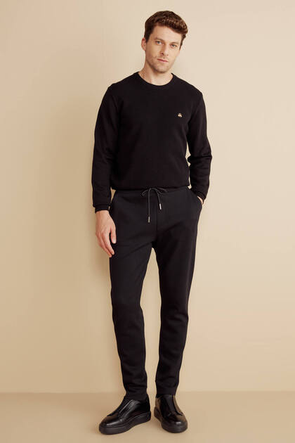 Erkek Siyah Pamuk Karışımlı Pike Örgü Beli Lastikli Sweatpant