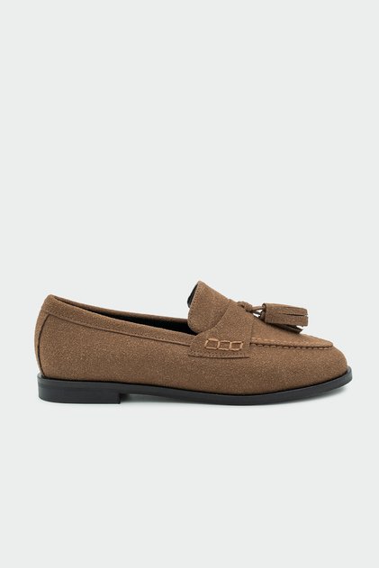 Leather Tassel Detailed Bitter Brown Women's Flat Sole Shoes