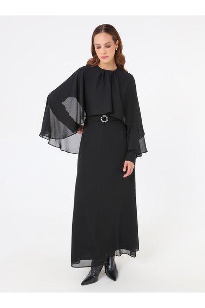 Stone Button Detailed Cape Sleeve Chiffon Hijab Dress - Black -