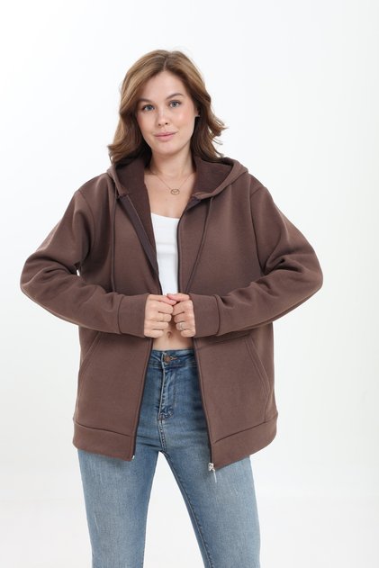 Thick-Textured Puffy 3-Yarn Kangaroo Pocket Hooded Zip-Up Fleece-Lined Women's Sweatshirt Cardigan