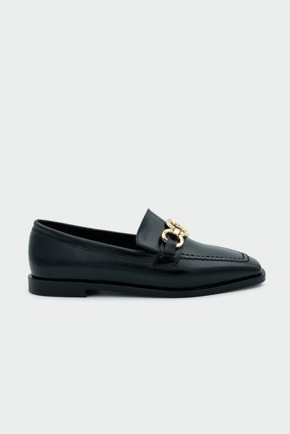 Biens Flat Sole Black Leather Gold Detailed Women's Shoes