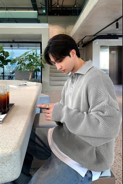 Men's Gray Buttoned Regular Polo Neck Knit Sweater