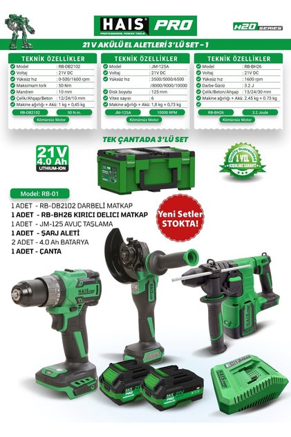 HaisPro Akülü Set - 3'lü Profesyonel Akülü Set + 2X4 Ah Çift Akü - RB-01