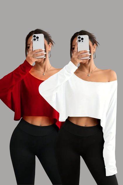 Kırmızı - Beyaz 2Li Kadın Düşük Omuz Kayık Yaka Oversize Uzun Kollu Crop T-Shirt