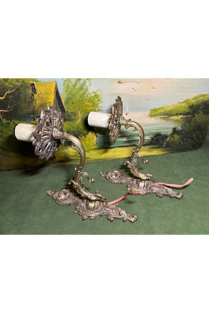 A Pair of Antique European Brass Sconces - 20 cm by 20 cm in Size