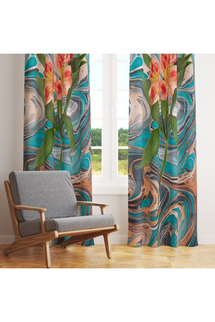 Turquoise Marble Patterned Floral Single Wing Background Curtain 140X260 cm