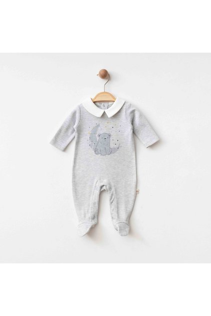 Girls and Boys Children's Gift Romper Gray Cotton Cute Bear Collar Detailed Long Sleeve Baby Romper