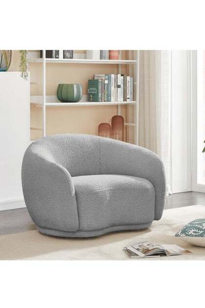 Wooden Twist Snug Rounded Back Rich Grey Modern Boucle Sofa Single Seater