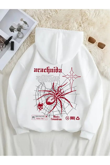 Mind's Conundrum Printed Kangaroo Pocket Hooded White Color Unisex Sweatshirt